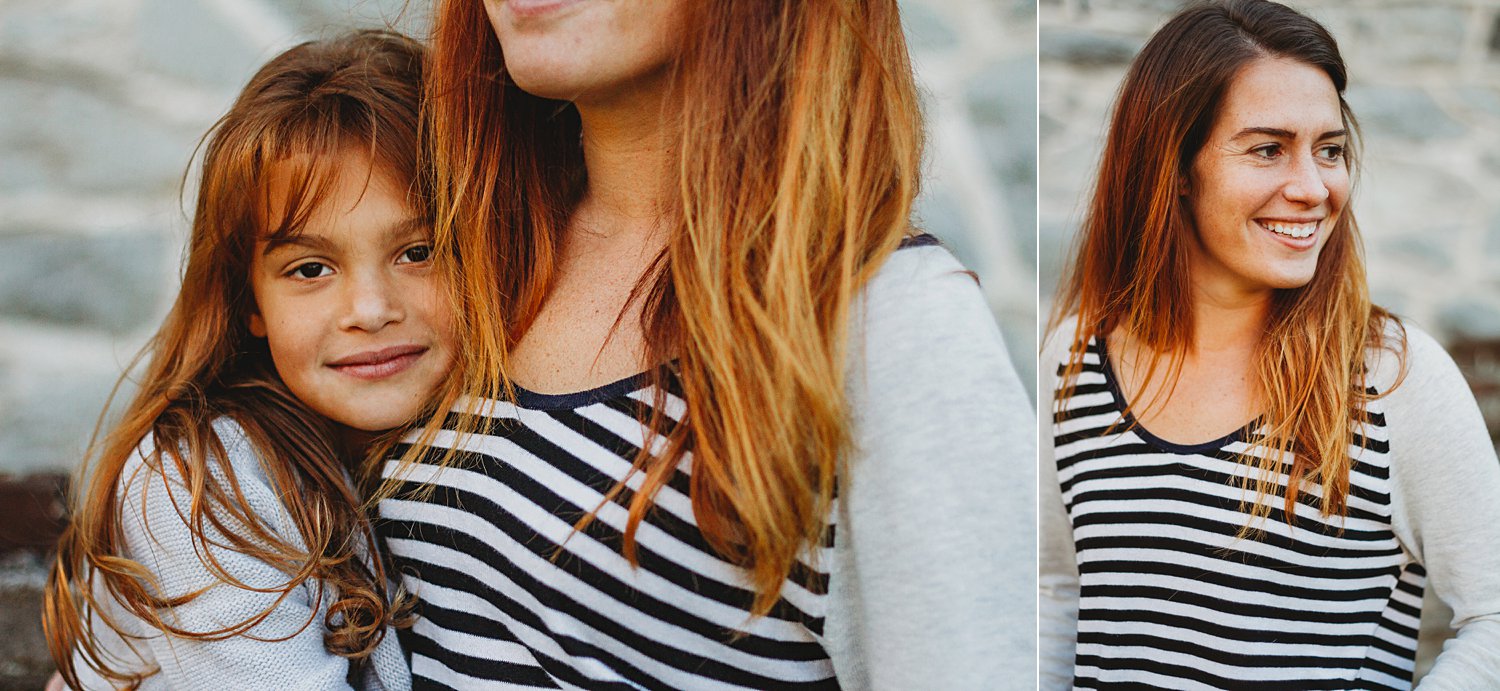 Portraits of mom and daughter hugging and mom looking off in the distance