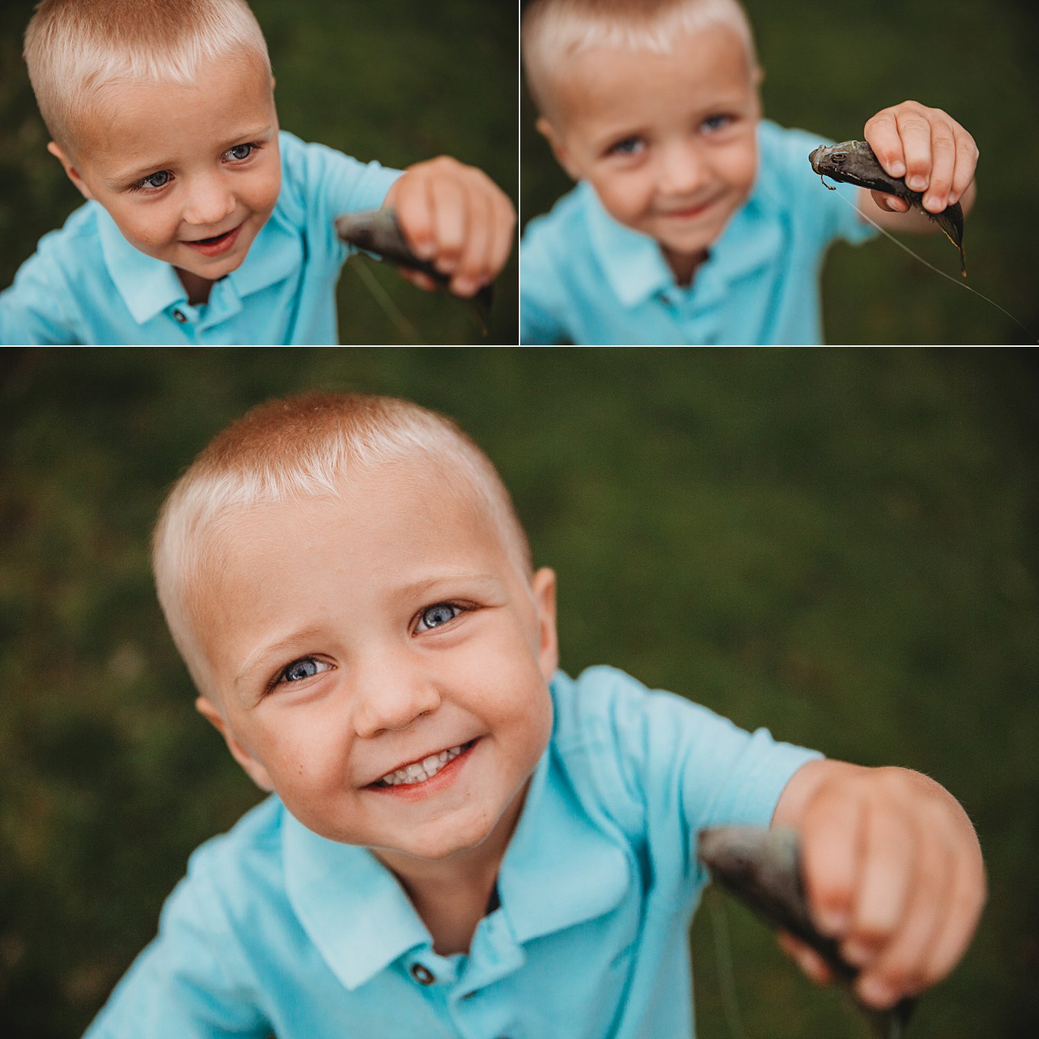 Portraits of a young boy holding a fish