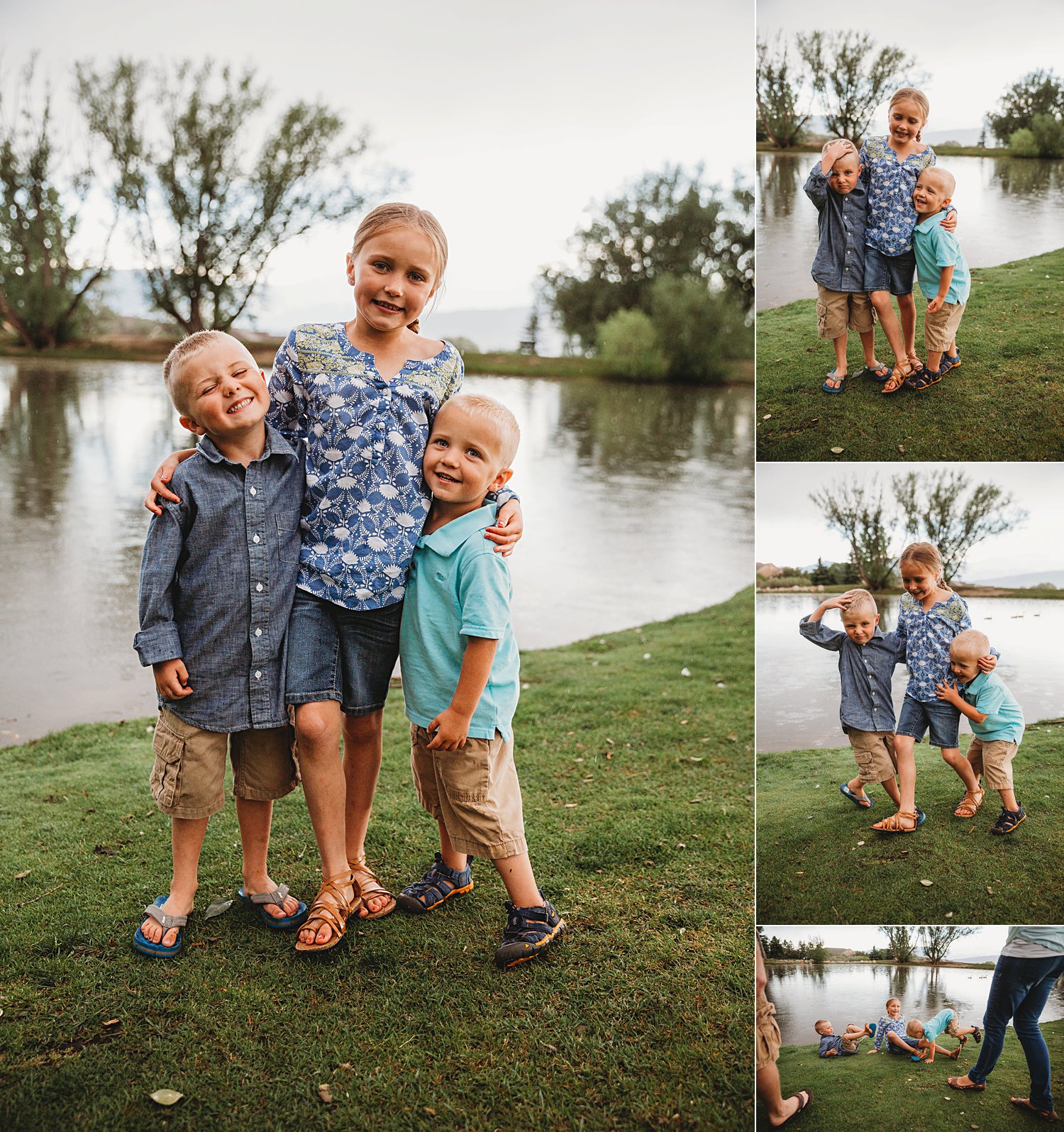 Portraits of three young kids hugging and smiling