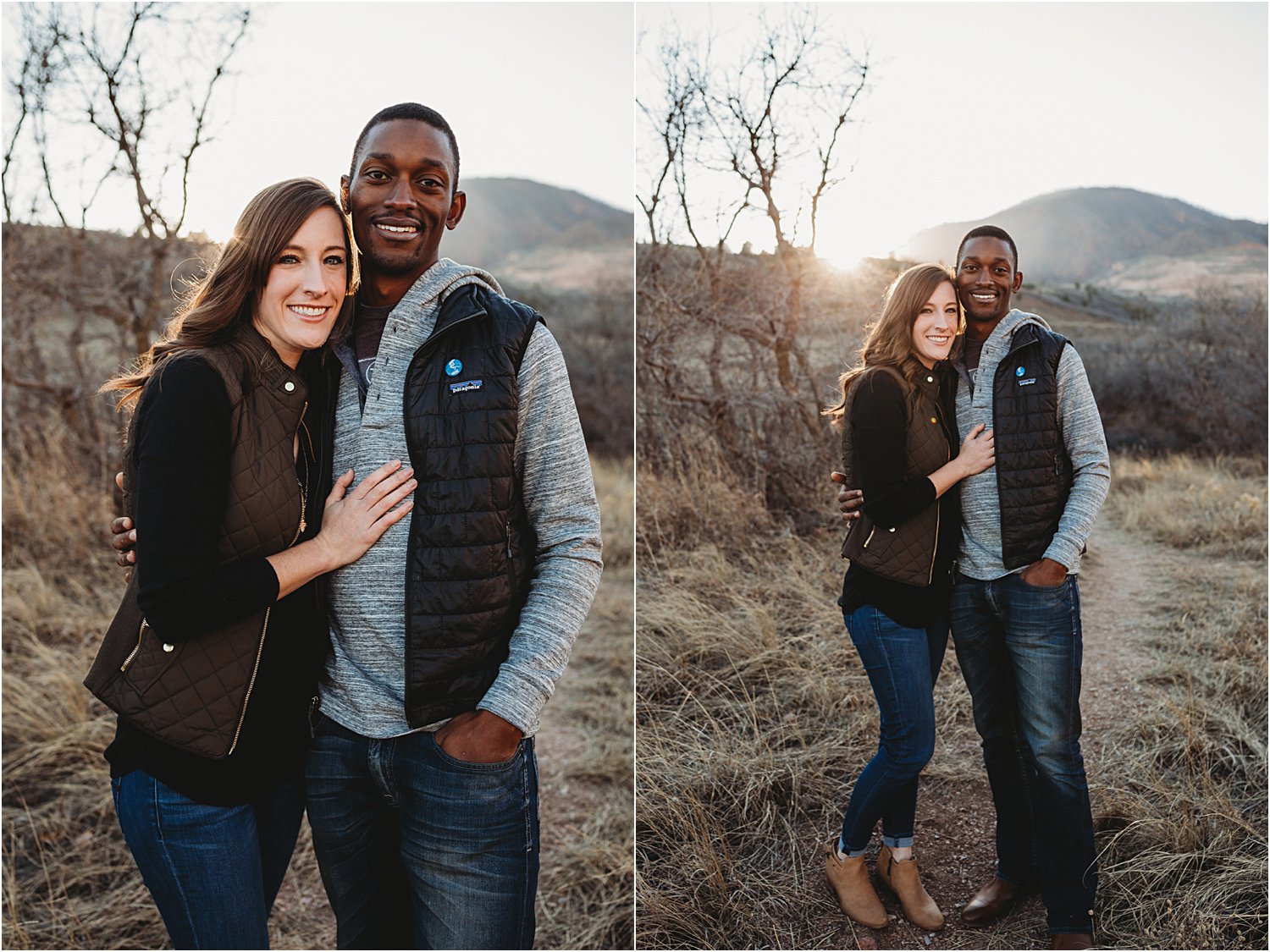 Collage of images of couple standing next to each other with sun setting behind them