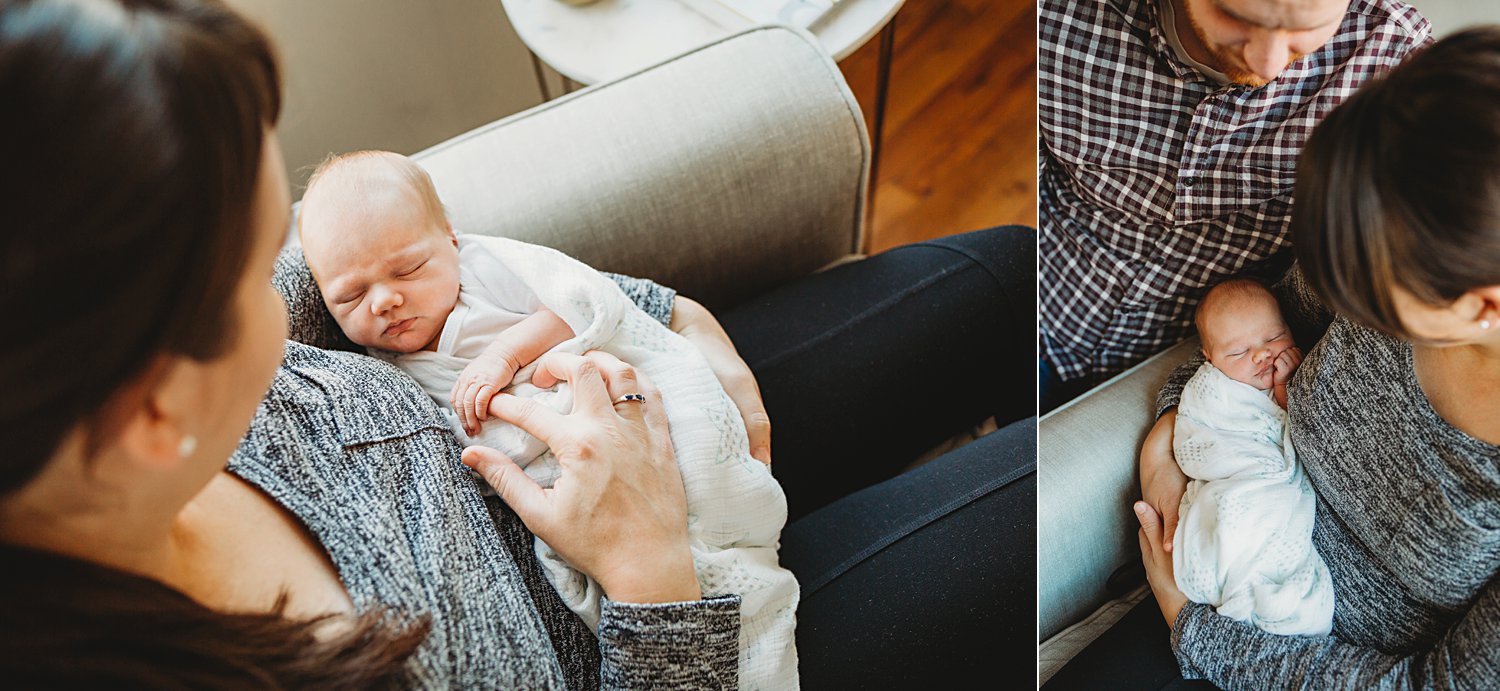 Lifestyle portraits of mom holding newborn baby