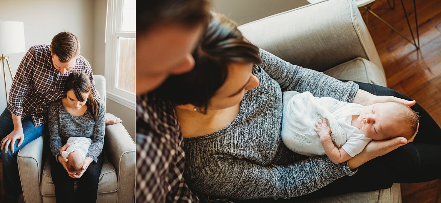 Lifestyle portraits of mom and dad holding newborn baby