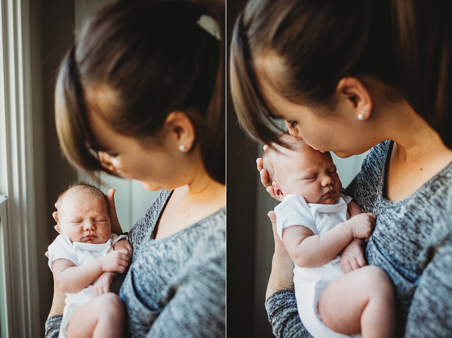 Photo of Mom holding newborn baby and kissing her head